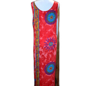 Tiasa Vintage Women's L 100% Rayon Hieroglyphics Geometric Red Maxi Dress Slit